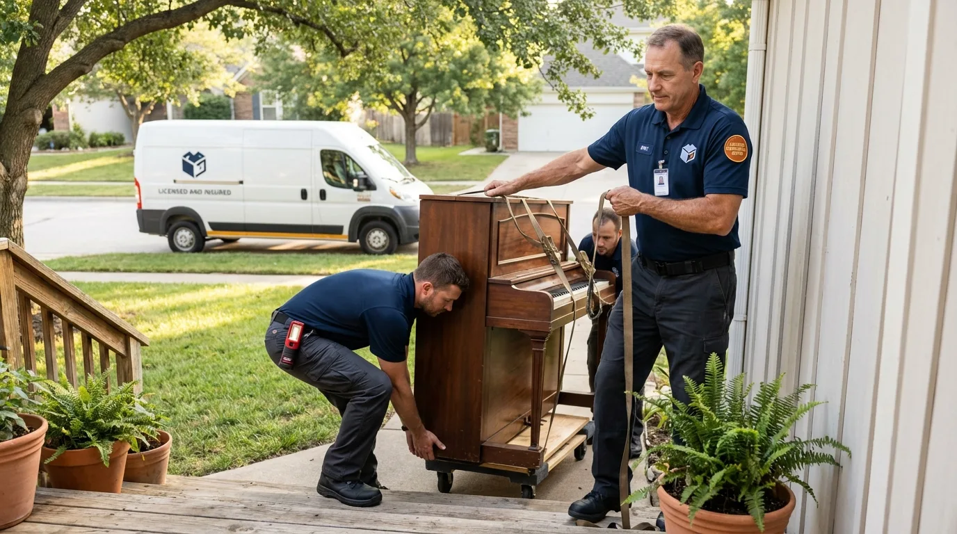 Licensed piano movers securing grand piano in Fairview, PA