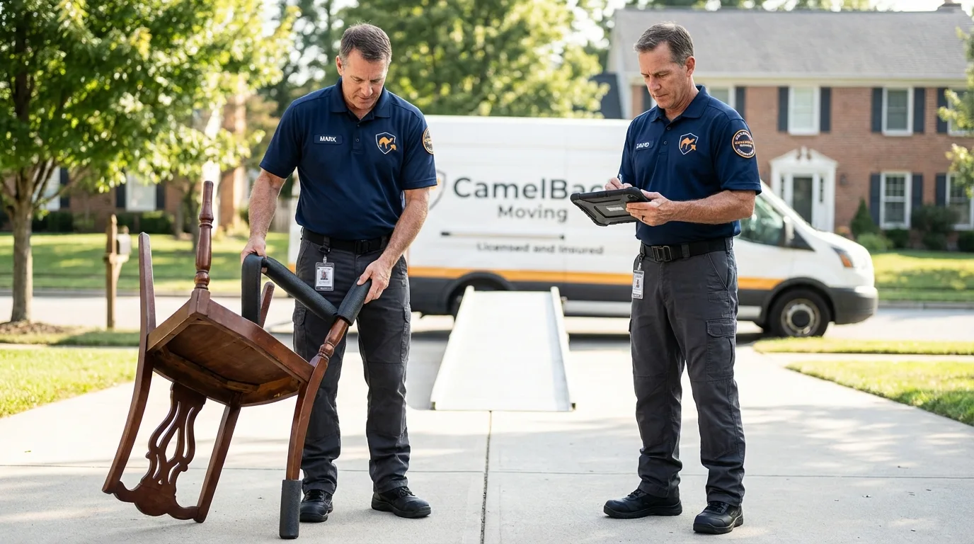 Movers inspecting furniture for damage prevention before loading in Fairview, PA