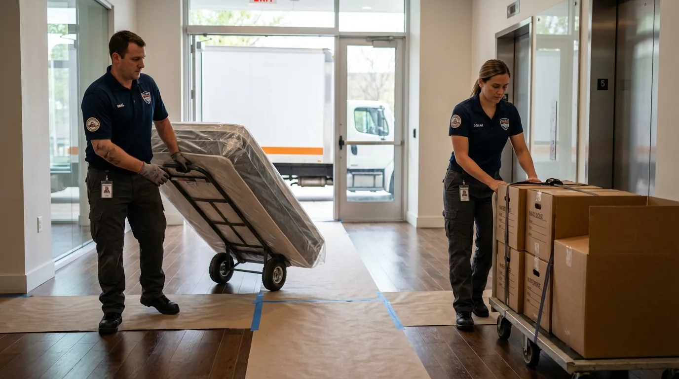 Professional apartment movers loading elevator in Fairview, PA